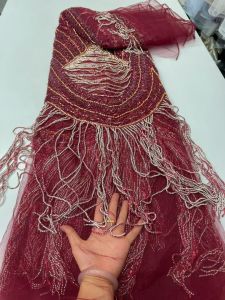 Luxury Red African Beaded Mesh Lace Fabric Embroidery Sequins French Tulle Lace For Nigerian Wedding Party Dress 5 Yards AT2911