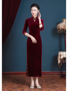 High-End Brand Gold Velvet Short Sleeve Cheongsam Mid-Aged And Elderly Wedding Celebration Mother of the Bridegroom Costume