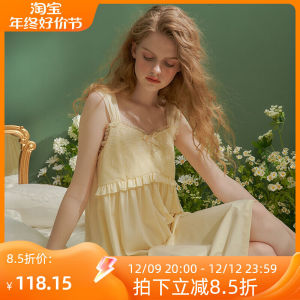 ชุดนอนผู้หญิงคอวีแขนกุดคอตตอนเนื้อบางโปร่งลายลูกไม้สไตล์เจ้าหญิงหวานๆ ฤดูร้อน เสื้อผ้าใส่ในบ้านสำหรับวัยรุ่น