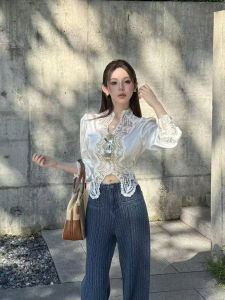 Pink Lace Splicing Design Womens Shirt Early Autumn New Satin Long Sleeve Top Waist Cinched White Shirt Polyester Fiber