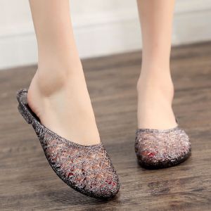 Thời Trang Sành Điệu Dép Pha Lê Nữ Xuyên Thấu Dép Tắm Gót Phẳng Chống Trượt Mềm Dép Rỗng Không Mùi