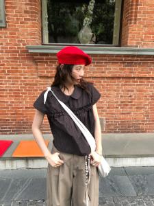 Japanese Style Vintage Ruffle Collar Short Sleeve Womens Summer Loose Slimming Plaid Shirt Korean Style Commute Wind Shirt