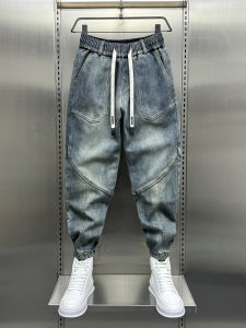 2024 ใหม่หรูหรากางเกงยีนส์ผู้ชายวินเทจ: ฤดูใบไม้ผลิกลางเอวข้อเท้าความยาวกางเกงยีนส์พร้อมสายรัดปิดและเอวยางยืด