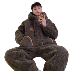 Áo Ngủ Nam Ấm Áp Bằng Vải Nhung Coral Dày Dặn Mùa Đông Áo Khoác Lông Cừu Ba Lớp Có Mũ Trùm Đầu Áo Khoác Ngoài Mặc Nhà