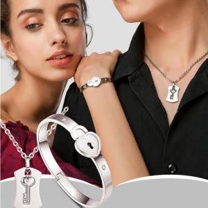 2Pcs/Set Fashion Couple Concentric Lock Silver Bracelet Necklace/Valentines Day New Gift Alloy Key Interlock Jewelry
