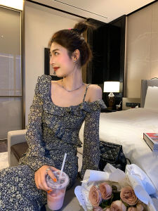 Spring Autumn New Style Long Sleeve Floral Print Gown Womens Fashion Tefamani Chiffon Dress Slimming Waist Asymmetrical Shoulder