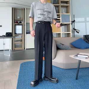 Business Casual Mens Straight Leg Pants Autumn Long Trousers Elastic Waist Design Metal Buckle Simple Match Polyester Fiber