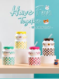 New Ceramic Plaid Mugs Couple Home Use Straw Cup Cartoon Animal Office Water Cup Souvenir Double Wall Glass Cup Set for Adults