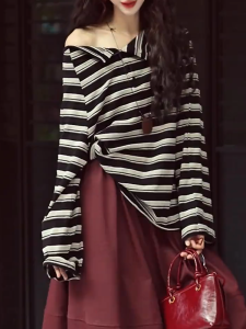 QINGNAER | Oversized Stripe T-shirt Loose Long Sleeve Trendy