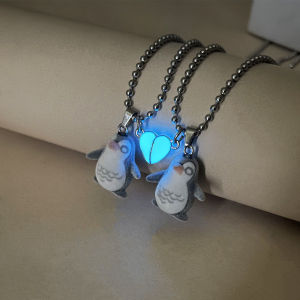 Luminous Grey Heart Cute Little Penguin Couple Necklace Fashionable Illuminated Jewelry Accessory
