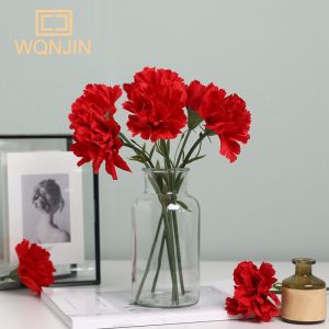 5PCSRed Carnations Artificial Silk Flowers Bouquet Wedding Party Home Decorations Fake Flowers Photo Props Mothers Day Gift