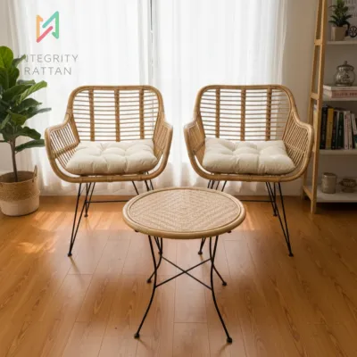 Set Kursi Teras Cafe Minimalis Besi Rotan Alami dengan Bantal - Model Knock Down - Chairs Furniture Bar