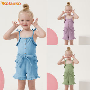 Rolanko Baby Girl Clothes Summer Sleeveless Toddler Ruffle Knit Ribbed Suspender Romper Outfits Clothing Set for Girls 12M-5Y
