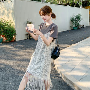 Gray Lazy Lace Trim Tunic Dress Set Women Summer 2025 New Style Layered Overalls Shirt Dress Two Piece Set Loose Waist a Line Skirt