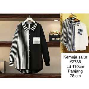 KEMEJA WANITA OVERSIZE  SALUR KOMBINASI PUTIH HITAM 2736