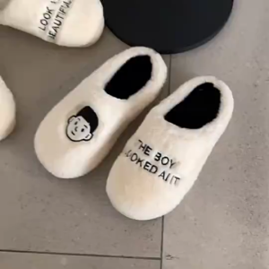 Black and White Cartoon Character Plush Cotton Slippers - Couples Warm Non-slip Indoor Slippers