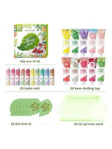 Bộ Quà Tặng Cao Cấp - 20 Bộ/hộp 10 Mùi Hương Kem Dưỡng Tay & Son Môi Bộ Dưỡng Ẩm Kèm Thiệp Cảm Ơn Và Túi Quà Màu Xanh Lá