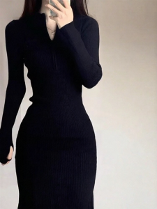 HUOLISI | Slim Fit Black Knit Dress