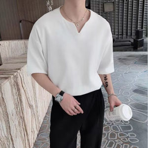 Dignified Sense of Design V-neck T-Shirt Mens Trendy Classy Cityboy ICE Cotton Short Sleeve American Retro Henry Collar T-shirt