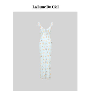 La lune Du ciel | Đầm In Hình Dáng Cá Hồi Thon Eo Cao Cổ Pháp Phong Cách Retro Mùa Hè