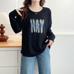 Áo Thun Dài Tay Cổ Tròn in Chữ Cỡ Lớn Thời Trang Thu Đông Thường Ngày Cotton Rộng Rãi Che Bụng Thoải Mái Cho Nữ