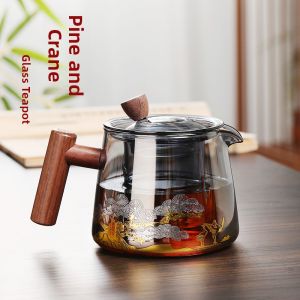 High Borosilicate Glass Tea Pot Heat Resistant Tea Brewing Pot Wooden Handle Tea Set for Brewing Tea Gray Smoke Color