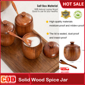 Natural Wooden Salt Cellar Box Spice Jar Sugar Bowl Pepper Box Salt Seasoning Container Storage Box With Lid And Spoon Kitchen Tool Salt Holder Keeper