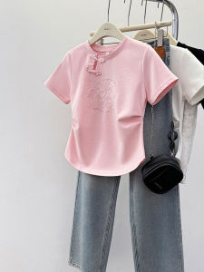 New Chinese Style Short Sleeve T-Shirt Womens Embroidery High Waist Slim Fit round Neck Top Comfortable Cotton Blend Summer Shirt