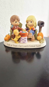 Precious Moments couple and a dog celebrating Halloween - Trick or treat. Our love is forever sweet