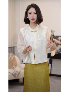 New Chinese Style Womens Fashion Summer Outfit White Shirt Top Half-length Skirt Set Autumn Season Long Sleeve Polyester Blend
