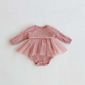 Spring and Autumn Baby Girl Fashion Solid Color Mesh Bubble Long Sleeve Dress Baby Girl Comfortable and Sweet Mesh Dress Suit
