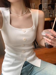 French Style White Collar Wide Shoulder Strap Vest for Women Summer Slim Fit Button-up Knit Top Without Sleeves