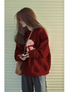 เสื้อสเวตเตอร์คอตั้งแบบหนาและมีขนแกะสำหรับผู้หญิงไซส์ใหญ่ 300 ปอนด์ สีแดง เสื้อสเวตเตอร์ฤดูใบไม้ร่วงและฤดูหนาวแบบมีฮู้ด ทรงหลวม แขนยาว ปกติ