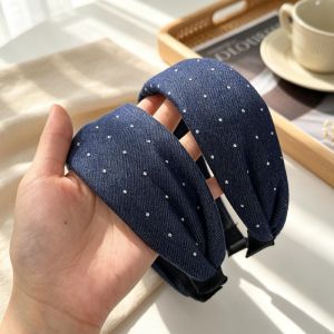 2Pcs Simple Polka Dot Wide Edge Hairband Navy Blue Vintage Face Slimming High Cranial Top Comfort Non Slip Headwear