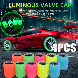 4Pcs Luminous Car Tire Valve Cap with Sports Car Logo Label Fluorescent Night Glowing Decor Motorcycle Bike Wheel Nozzle Dustproof Tyre Valve Stem Cap