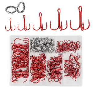 200 Pack Fishing Treble Hooks Kit High Carbon Steel Hooks Strong Sharp Round Bend with Split Rings for Lures Baits