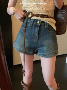 กางเกงขาสั้นผ้ายีนส์เอวสูงสไตล์อเมริกันย้อนยุคสำหรับผู้หญิงในช่วงฤดูร้อนปี 2025 กางเกงขาสั้นทรงเอกระดับความร้อนสูงสำหรับผู้หญิง