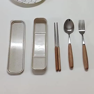 3 in 1 Stainless Steel Bamboo Cutlery Set Chopsticks Spoon and Fork with Case Tableware