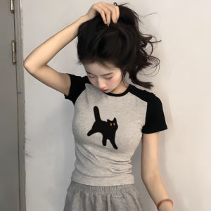 เสื้อยืดแขนสั้นทรงสลิมฟิตสำหรับผู้หญิงในช่วงฤดูร้อน สีเทา เอฟเฟกต์กระชับสัดส่วน แขนสั้น ทรงปกติ คอกลม เสื้อผ้าทำงานสไตล์เกาหลี