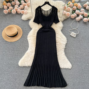 Retro Bohemian Dệt Kim Đầm Bộ Nữ Mùa Hè Rộng Rãi Phù Hợp Với Dây Đeo Vai Đầm Hai Lớp Bộ Lỗ Thiết Kế Thon Gọn Sinh Viên Đồng Nhất