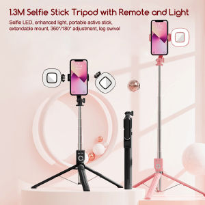 Portable Selfie Stick Tripod with 2 LED Fill Lights Universal Foldable Tripod Stand with Wireless Bluetooth Remote 360° Rotatable All-in-one Travel Tripod Desktop Selfie Stick For Vlogging Live Streaming  Black/Pink