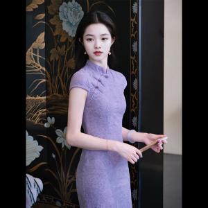 Purple Chinese Style Embroidered Improved Cheongsam Dress Womens Spring Summer New Retro National Style Waist Cinched Long Dress