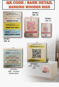 Hanging Wooden Signage UV Colour Print / QR Code / E wallet / Duit Now Papan Tanda / Signage Payment Details / Plywood UV Print A4 A5 A6