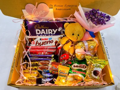 Semua Dalam Satu Coklat Kotak Hadiah dengan Lampu Hiasan patung jambangan bunga kering kecil All in One Chocolate Gift Box Craft Theme with Warm Fairy Light & Babys Breath Bouquet Birthday Chocolate Gift Box