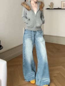 High Waist Wide Leg American Style Jeans Womens Faded Loose Straight Floor-Length Pants Tapered Fit Casual Bootcut Denim
