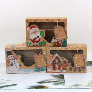 18pcs/set(6Boxes+6Ropes+6Labels) Christmas Biscuit Gift Box with Window Kraft Paper Candy Container Christmas Gift Box Packaging
