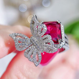 SEQUITO Personality Women Finger Jewelry Accessories White Gold Color Pave Setting Red Geometry AAAAA Zirconia Butterfly Shape Adjustable Ring SR152