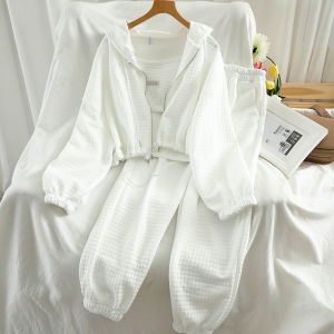 Sporty Casual Set Ultra-Short Hoodie Jacket Trousers Two-Piece Womens Outfit Loose Fit Korean Style Long Sleeve round Neck