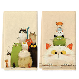 2Pcs Cute Cat-Themed Kitchen Towels 40Cm*60Cm Towel Set Super Absorbent Soft Cleaning Cloth Cooking and Baking Tea Towel Hand Towel Cleaning Cloth Dishwashing Cloth Kitchen Decoration Living Room Decorations Kitchen Essentials Home Essentials