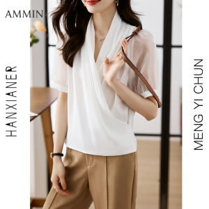 AMMIN 2023 ชุดเสื้อคอวีแฟชั่น วินเทจ แต่งระบายแขน สั้นสีขาว สำหรับ เดินทาง เสื้อชีฟองหญิงใหม่ ฤดูร้อน